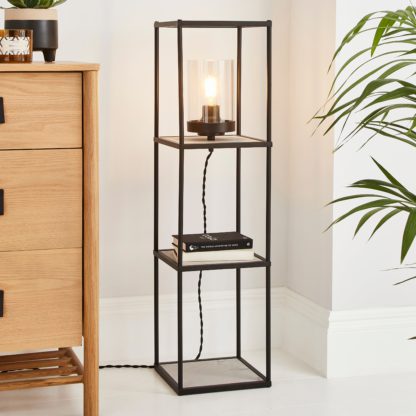 An Image of Aiko Midi Shelved Floor Lamp Black and Faux Marble Marble