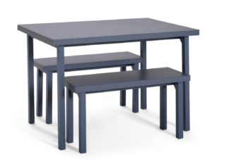 An Image of Habitat Zayn Wood Effect Dining Table & 2 Blue Benches