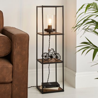 An Image of Fulton Midi Shelved Floor Lamp Rustic Pine and Black Pine (Brown)