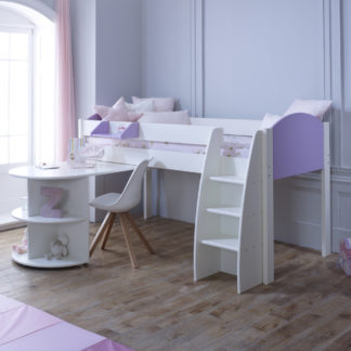 An Image of Eli White and Lilac Wooden Mid Sleeper with Desk - EU Single