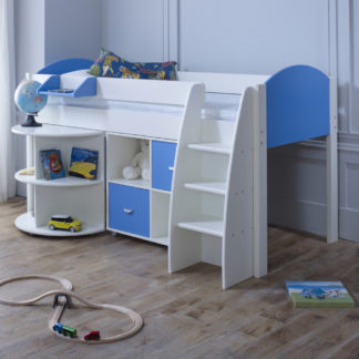 An Image of Eli White and Blue Wooden Mid Sleeper with Desk and Shelving Unit - EU Single