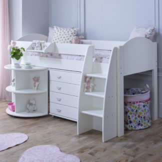 An Image of Eli White Wooden Mid Sleeper with Desk and Chest - EU Single