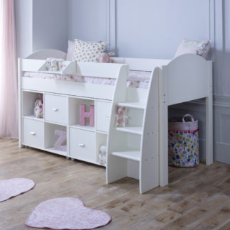 An Image of Eli White Wooden Mid Sleeper with Two Shelving Units - EU Single