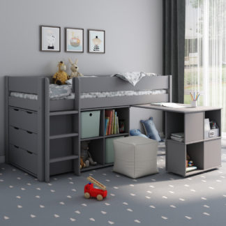 An Image of Estella - Kids Grey Wooden Mid Sleeper Bed - Desk, Chest and Shelves - Single - 3ft