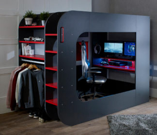 An Image of PodBed - European Small Double - Gaming High Sleeper - Storage - Wardrobe and Desk - Dark Grey and Red - Wooden - 4ft