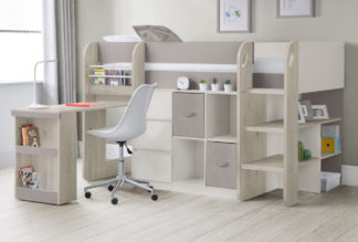 An Image of Saturn - Single - Mid Sleeper Bed - Storage and Desk - Taupe Brown and White - Wooden - 3ft