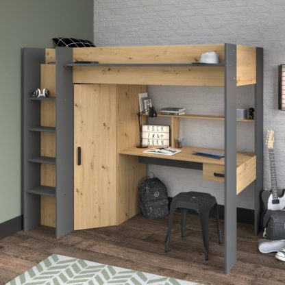 4ae6e5612c3772f246f1a3a11a26639676085efb93afdf021ed43395672bd95f.jpg An Image of Grayson - European Single - High Sleeper Bed - Storage - Desk and Wardrobe - Grey and Oak - Wooden - 3ft