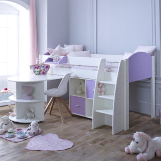 An Image of Eli White and Lilac Wooden Mid Sleeper with Desk and Shelving Unit - EU Single
