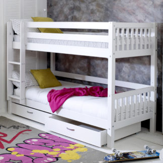 An Image of Nordic Slatted White Wooden Bunk Bed with Storage Drawers - EU Single