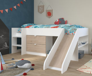 An Image of Tobo - EU Single - Kid's Mid Sleeper Bed - Slide - White and Oak - Wood - 3ft