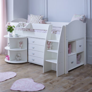 An Image of Eli White Wooden Mid Sleeper with Desk, Chest and Shelving Unit - EU Single