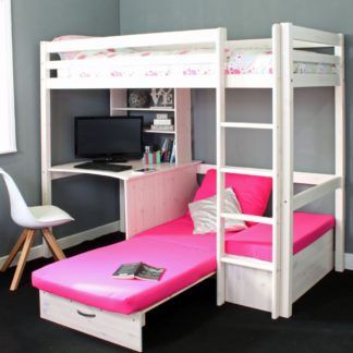 An Image of Hit - Kids High Sleeper Bed with Pink Futon Bed - White - Wooden - Single - 3ft