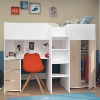 An Image of Tom - Kids White and Oak Wooden High Sleeper Bed with Desk - Single - 3ft