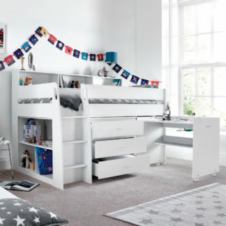 An Image of Ersa - Single - Mid Sleeper Bed - Storage and Desk - White - Wooden - 3ft