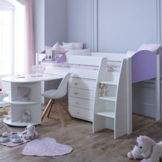 An Image of Eli White and Lilac Wooden Mid Sleeper with Desk and Chest - EU Single