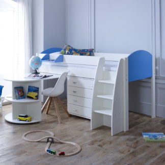 An Image of Eli White and Blue Wooden Mid Sleeper with Desk and Chest - EU Single