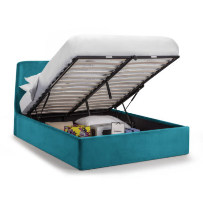 An Image of Frida - King Size - Ottoman Storage Bed - Teal Blue - Velvet - 5ft