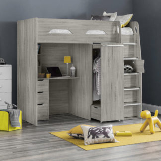 An Image of Pegasus - Single - High Sleeper Bed - Wardrobe - Desk and Storage - Grey Oak - Wooden - 3ft