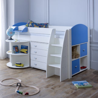 An Image of Eli White and Blue Wooden Mid Sleeper with Desk, Chest and Shelving Unit - EU Single