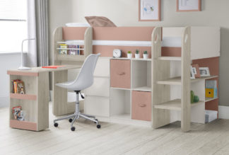 An Image of Saturn - Single - Mid Sleeper Bed - Storage and Desk - Pastel Pink and White - Wooden - 3ft