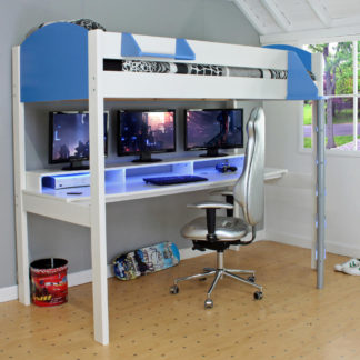 An Image of Noah - European Single - Gaming High Sleeper - Desk - White and Blue - Wooden - 3ft