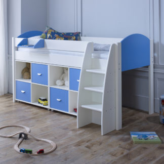 An Image of Eli White and Blue Wooden Mid Sleeper with Two Shelving Units - EU Single