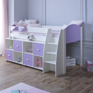 An Image of Eli White and Lilac Wooden Mid Sleeper with Two Shelving Units - EU Single
