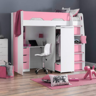 An Image of Pegasus - Single - High Sleeper Bed - Wardrobe - Desk and Storage - Pink and White - Wooden - 3ft