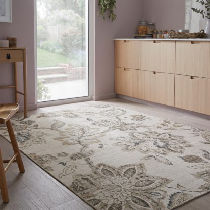 An Image of PractiRug Iva Floral Washable Rug Natural