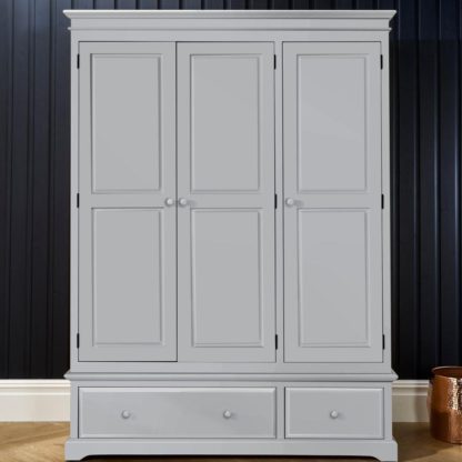 d92a99a032e3ffa6f79680e9accd2ed727ea3bd2d87a636b9e4490714c7ba619.jpg An Image of Suffolk Dove Grey Wooden 3 Door Combination Wardrobe