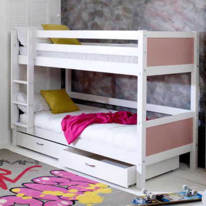 An Image of Nordic White and Rose Wooden Bunk Bed with Storage Drawers - EU Single