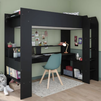 An Image of Online Black Wooden Kids High Sleeper Bed - Desk - Single - 3ft