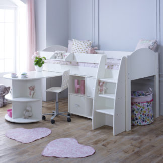 An Image of Eli White Wooden Mid Sleeper with Desk and Shelving Unit - EU Single
