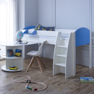 An Image of Eli White and Blue Wooden Mid Sleeper with Desk - EU Single