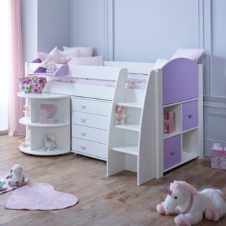An Image of Eli White and Lilac Wooden Mid Sleeper with Desk, Chest and Shelving Unit - EU Single