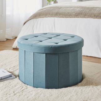 An Image of Smart Industrial Large Round Footstool Pacific Velvet Pacific Blue