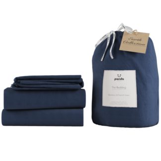 An Image of Panda Linen Bedding Set - Midnight Navy - 4ft6 Double