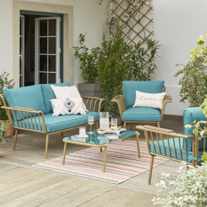 An Image of Omari Teal and Gold Metal Garden Sofa Set