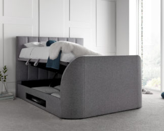 An Image of Medburn Light Grey Fabric Ottoman Electric Media TV Bed - 6ft Super King Size