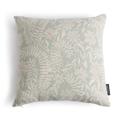 An Image of Habitat Cotton Floral Print Cushion - Cream & Green -43x43cm