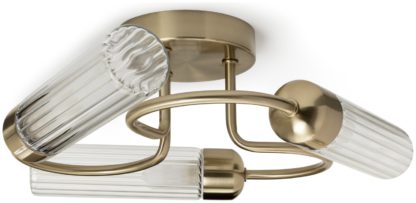 An Image of Habitat Ribbed Metal 3 Light Flush to Ceiling Light-Gold