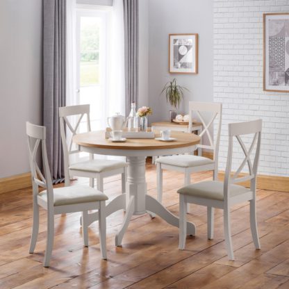 bd49bae3e8fc5f2581ab23eec59032b001149420acbed47aaf5bcb03f68aa305.jpg An Image of Davenport Round Dining Table with 4 Chairs Cream