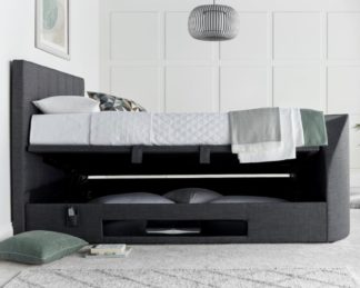 An Image of Medburn Slate Grey Fabric Ottoman Electric Media TV Bed - 6ft Super King Size