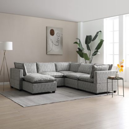42277ce9d6ddb3f11342960622ff806b491f239bd46dfbfc63dc9fd89ee02bfc.jpg An Image of Moda Corner Modular Sofa with Chaise, Light Grey Boucle Moda Boucle Grey