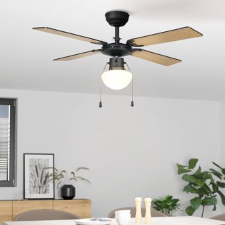 An Image of Eglo Fortaleza Ceiling Fan with Light - Matt Black & Wood