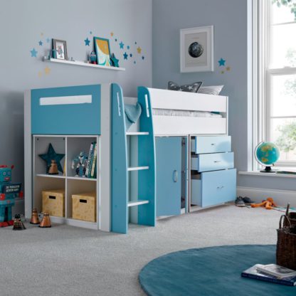 50b3bdf2f46e5f8f95998bf529b27117887bef0d0f7296d63dd9d328ff3db49f.jpg An Image of Lacy - Single - Storage Midsleeper Bed - White/Blue - Wooden - 3ft