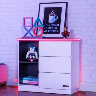 An Image of X Rocker White Carbon Tek Chest of Drawers with Neo Fibre LED White