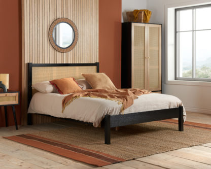 An Image of Croxley - Double - Bed Frame - Black - Rattan Wood - 4ft6