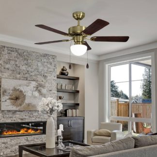 An Image of Eglo Cadiz Ceiling Fan with Light - Aged Brass & Wood