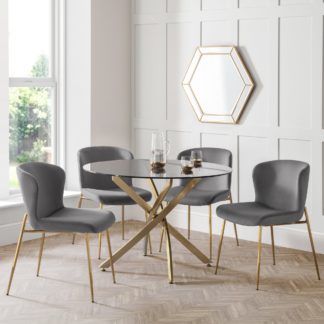 An Image of Montero Round Glass Top Dining Table with 4 Harper Chairs Grey